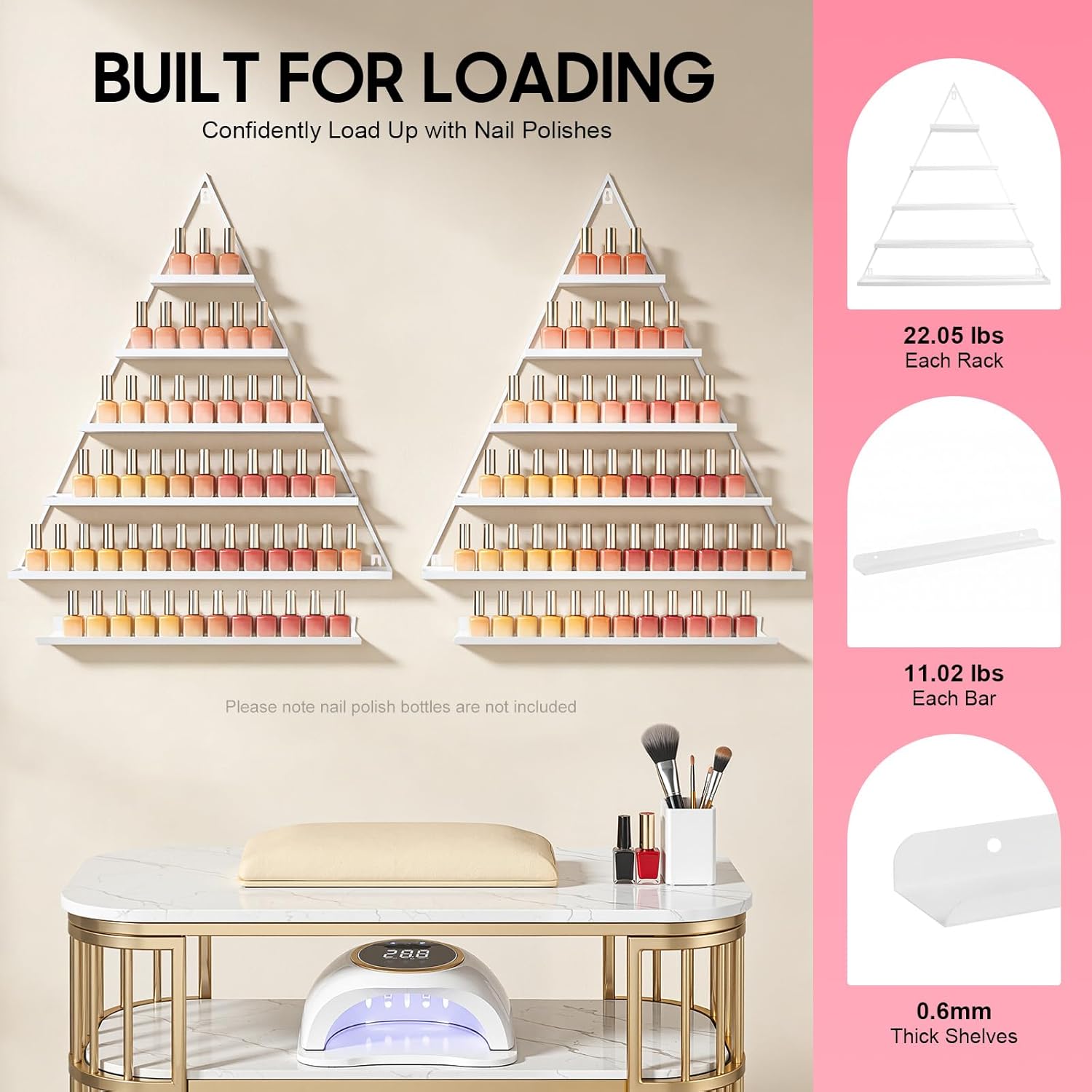 Elegant Gold Wall Mounted Nail Polish Rack - Set of 6 Triangular Cosmetic Display Shelves for Essential Oil Bottles, Organize Your Lipsticks and Perfumes in Style at Home or Salon (White)