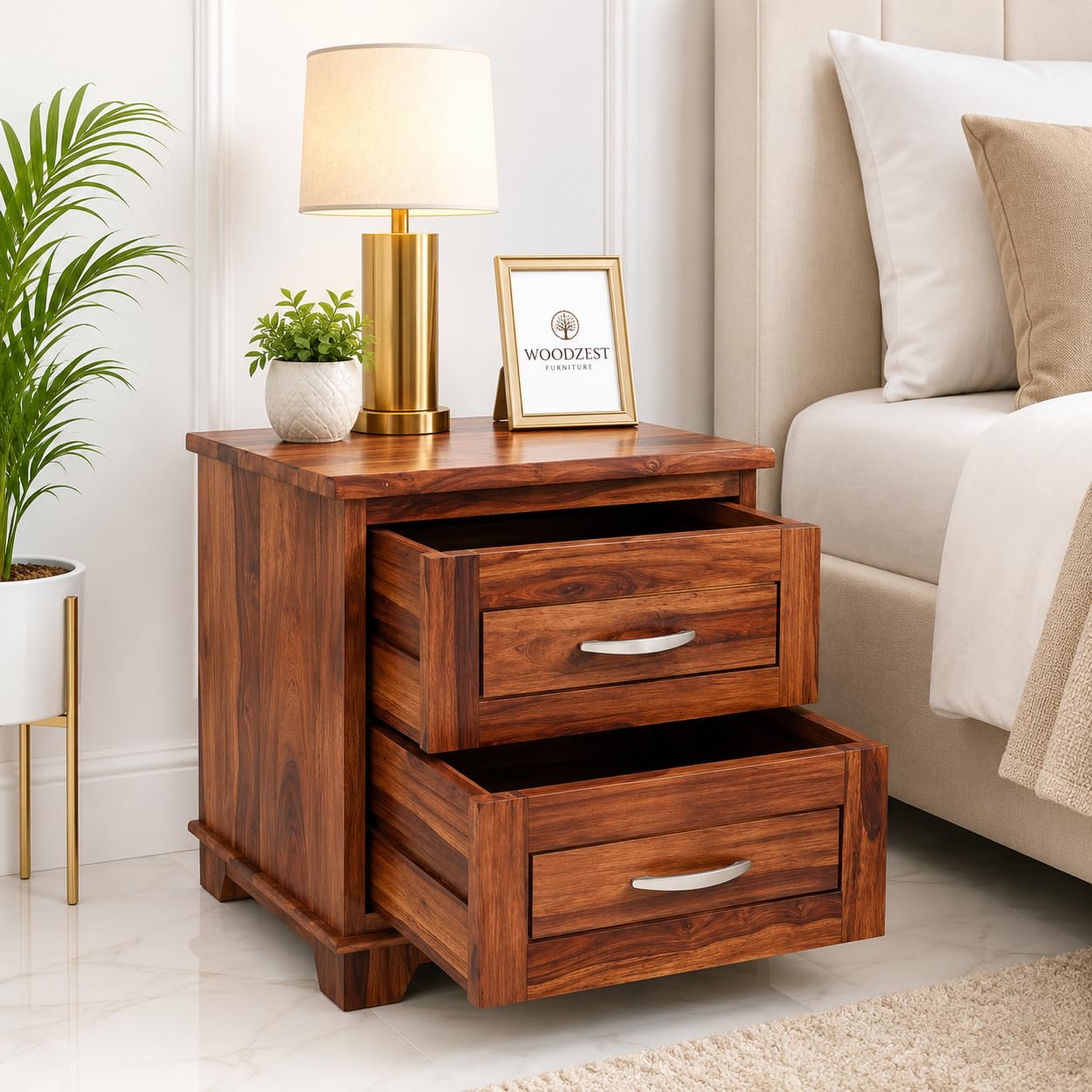 Premium Sheesham Wood Bedside Table with 2 Drawers for Bedroom | Wooden Night Stand End Table | Solid Wood Bedside Table for Bedroom & Living Room | Natural Finish-image-45