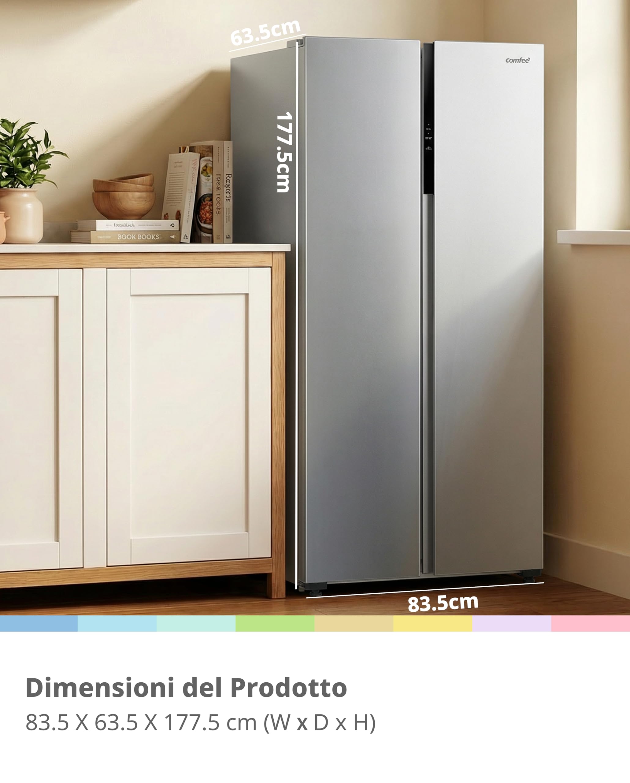 COMFEE' RCS609IX2 Frigorifero-Congelatore Americano/No Frost/Compressore Inverter/Altezza 177,5 cm/271 L di Refrigerazione/189 L di Congelamento/Doppio controllo/SuperCool, Inox