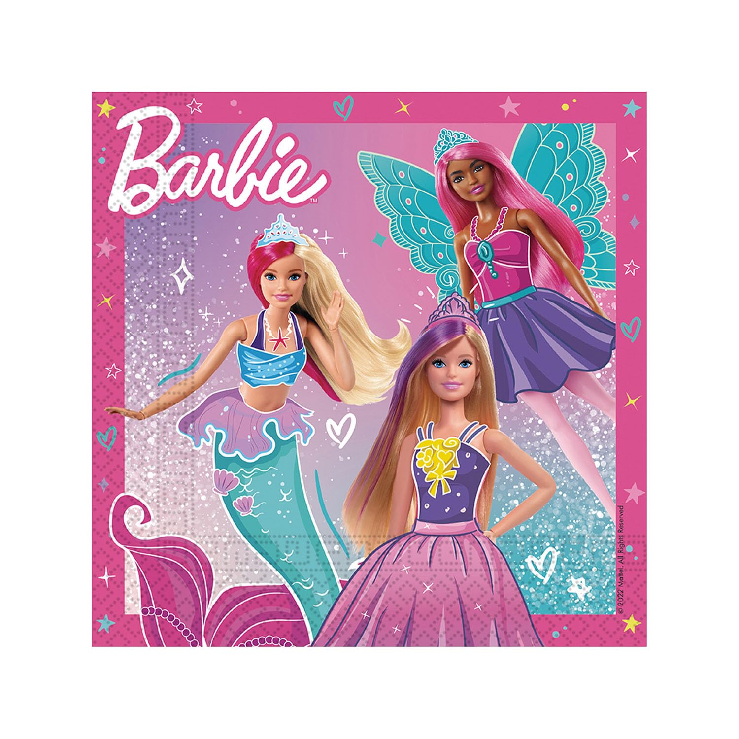 Procos - Paper Napkins FSC Barbie Fantasy (33 x 33 cm, Double Veil), 20 Pieces, Pink, Light Blue, 94568