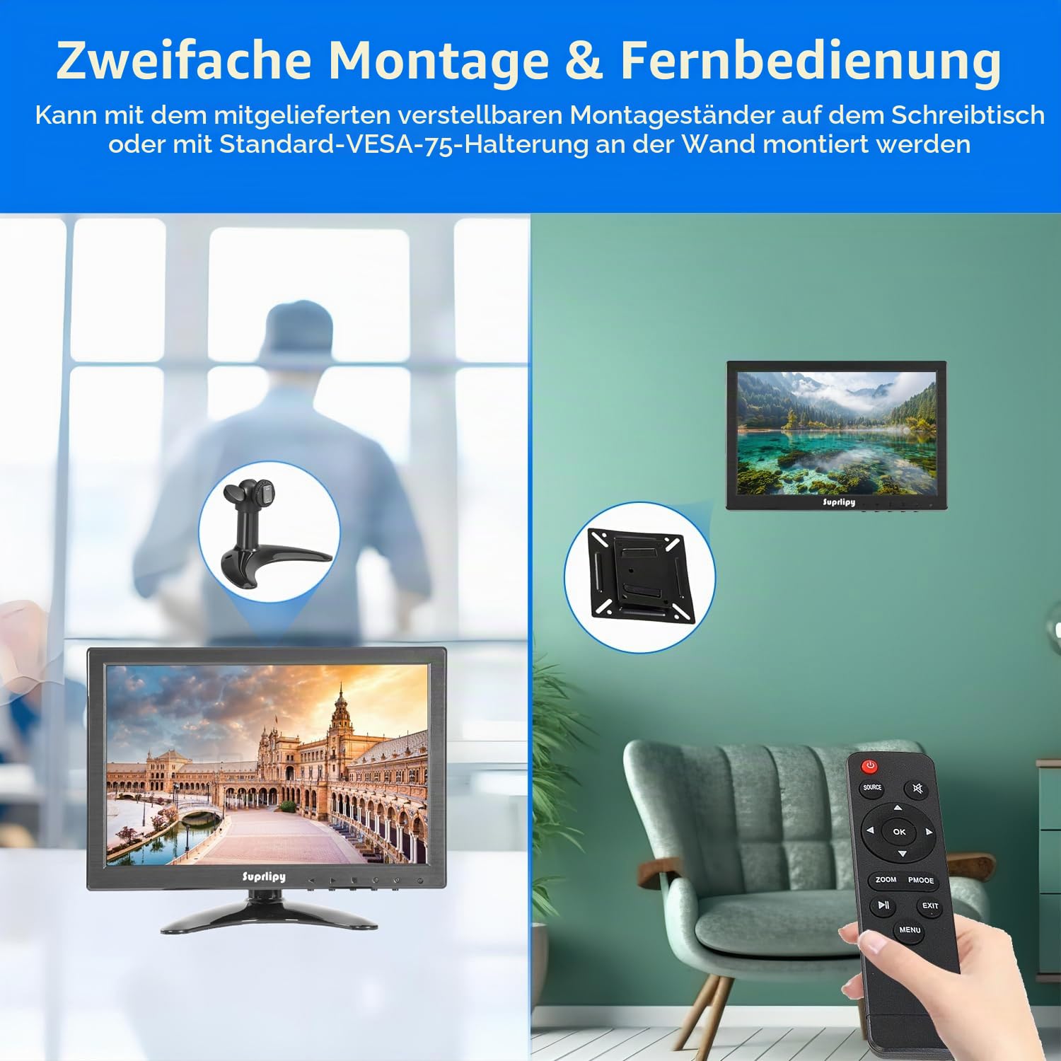 10 Zoll FHD Small IPS Monitor LCD Display Bildschirm 1920x1200 60Hz 16:10 mit BNC VGA AV Eingang Eingebaute Lautsprecher für CCTV Sicherheitskamera DVR PC STB Spielkonsole