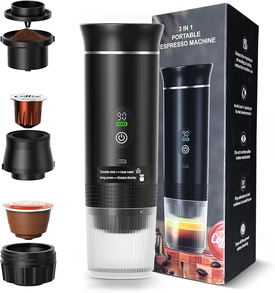 Máquina de Café Portátil 3 em 1, Cafeteira Expresso Portátil Elétrico com Bateria 2500mAh, Display Digital, Compatível com Cápsulas e Pó, 72W, 150ml, Preto