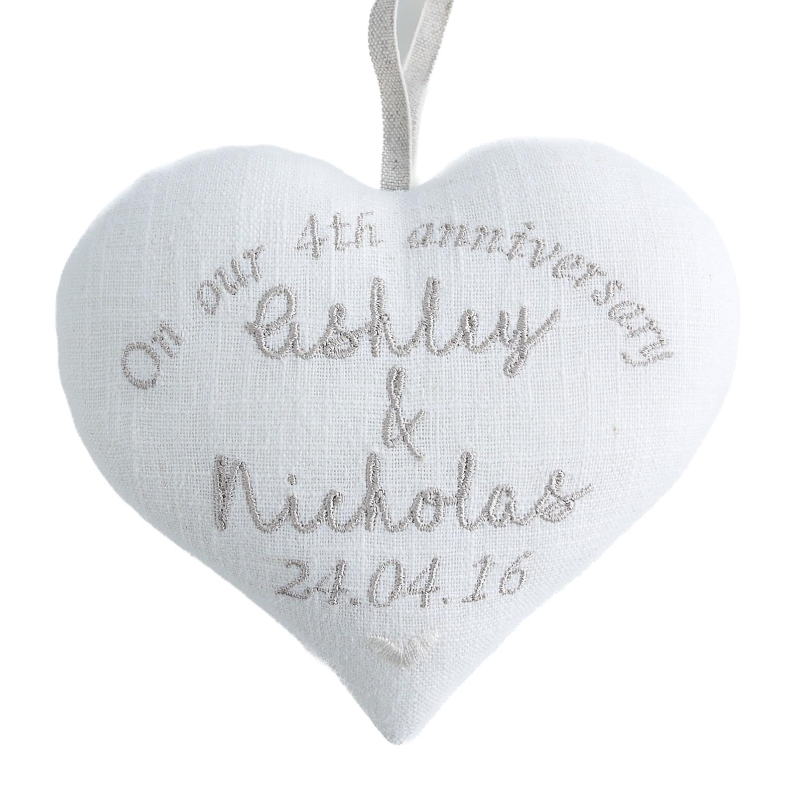4th Linen Wedding Anniversary Personalised Heart With Embroidered Text Names Date for Wife Husband Couple