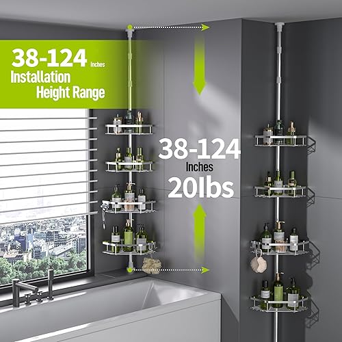 Miniatura 2 de LAMU Poste de tensión esquinero para regadera, organizador de ducha de acero inoxidable, resorte fuerte, 4 almohadillas adhesivas, base de rejilla