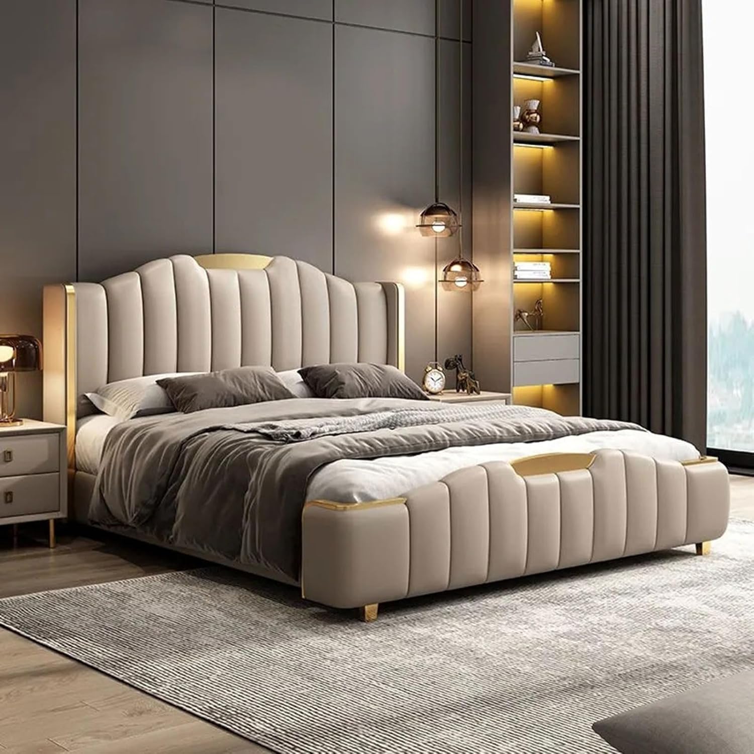 Modern Leather Light Luxury Queen Size Platform Bed Ergonomic Upholstered Headboard with Heavy Duty Wooden Slat Support Easy Assembly