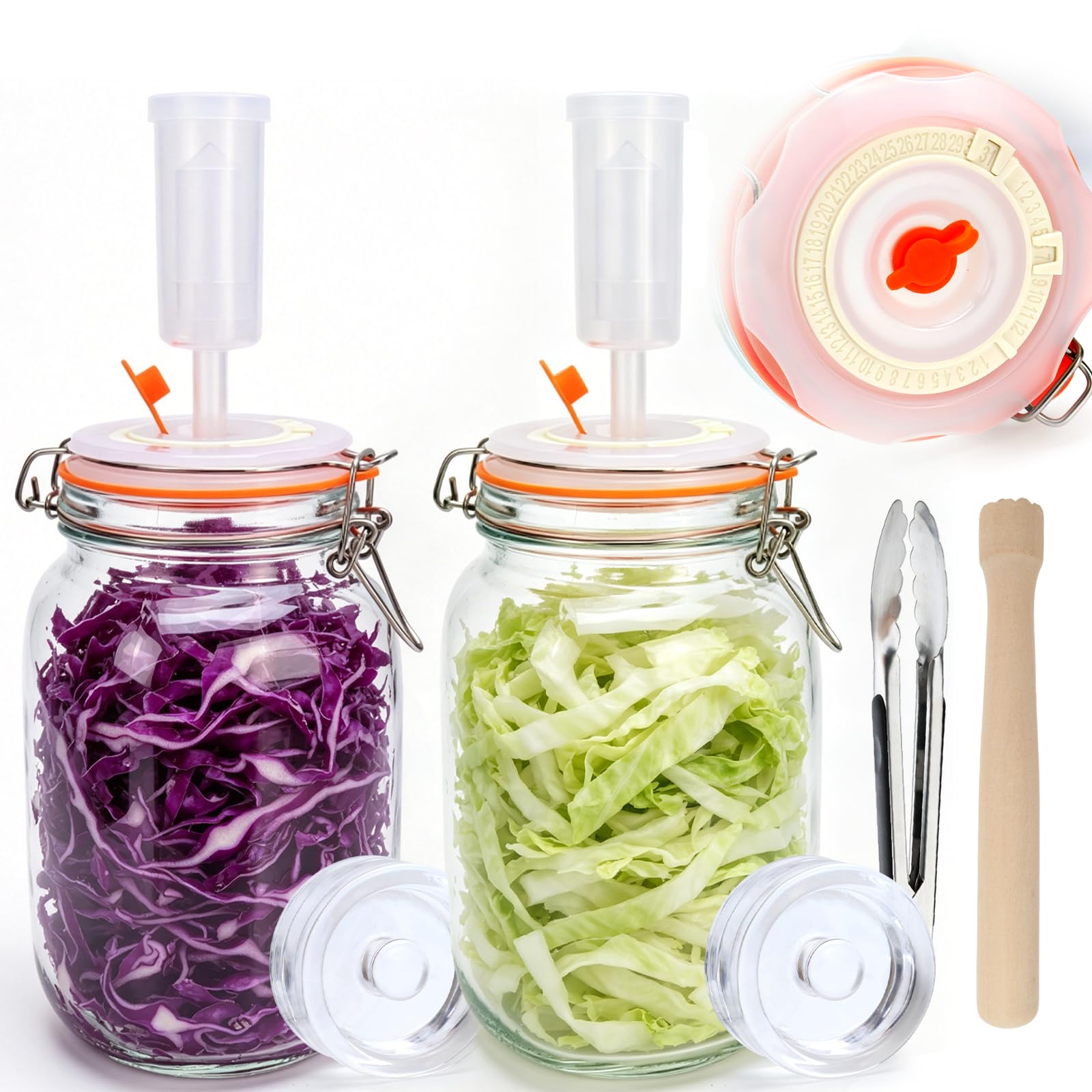 IIRC 1,5L Fermentierglas Set, Fermentiergläser mit Gärventil und Gewicht, Für Sauerkraut, Kimchi, Gurken usw, Mit Zange und Gärstampfer