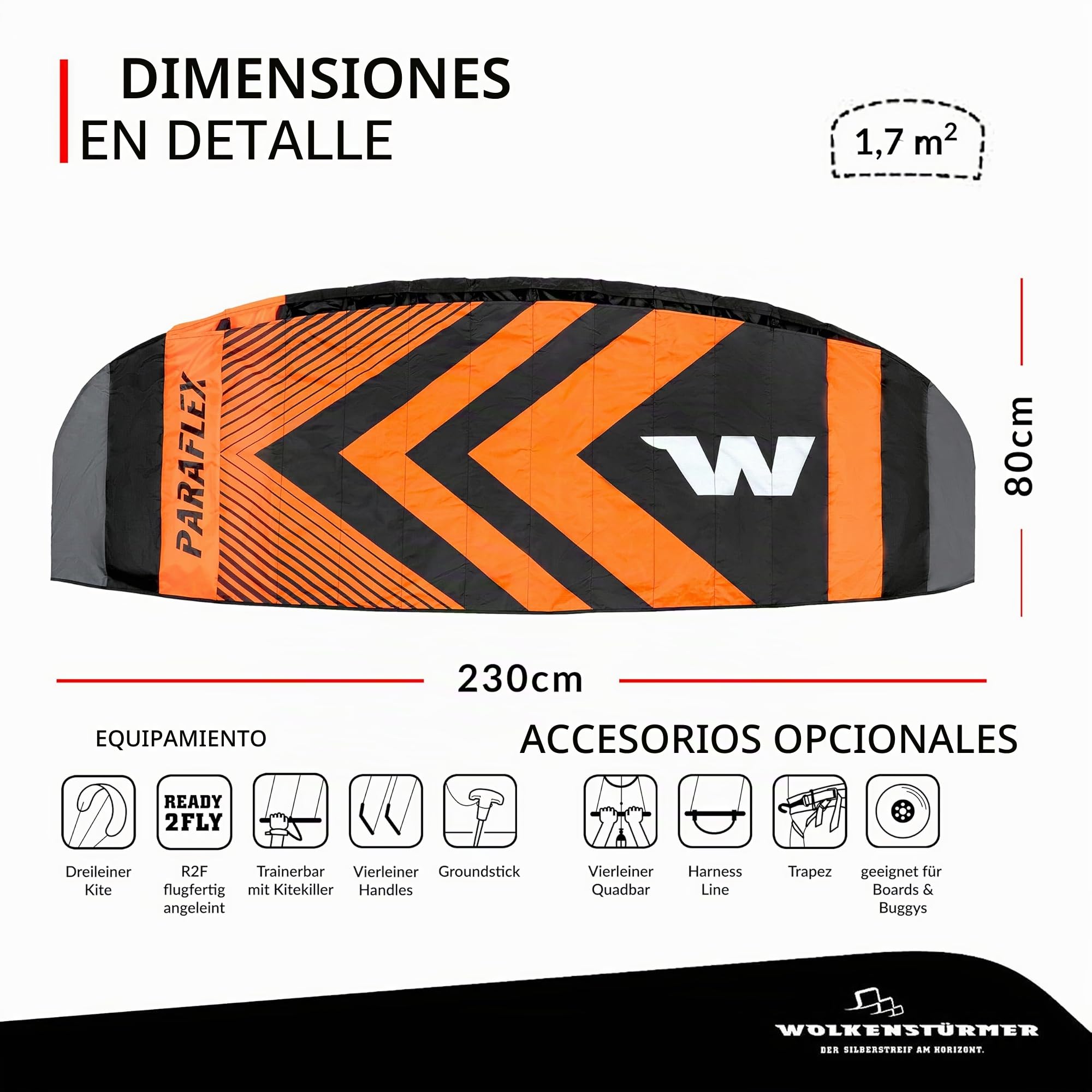 Wolkenstürmer Paraflex Trainer 2.3 - Ala de Kitesurf - Negro/Naranja - 3 líneas de cometa como complemento Mountain Board - Ala de tracción