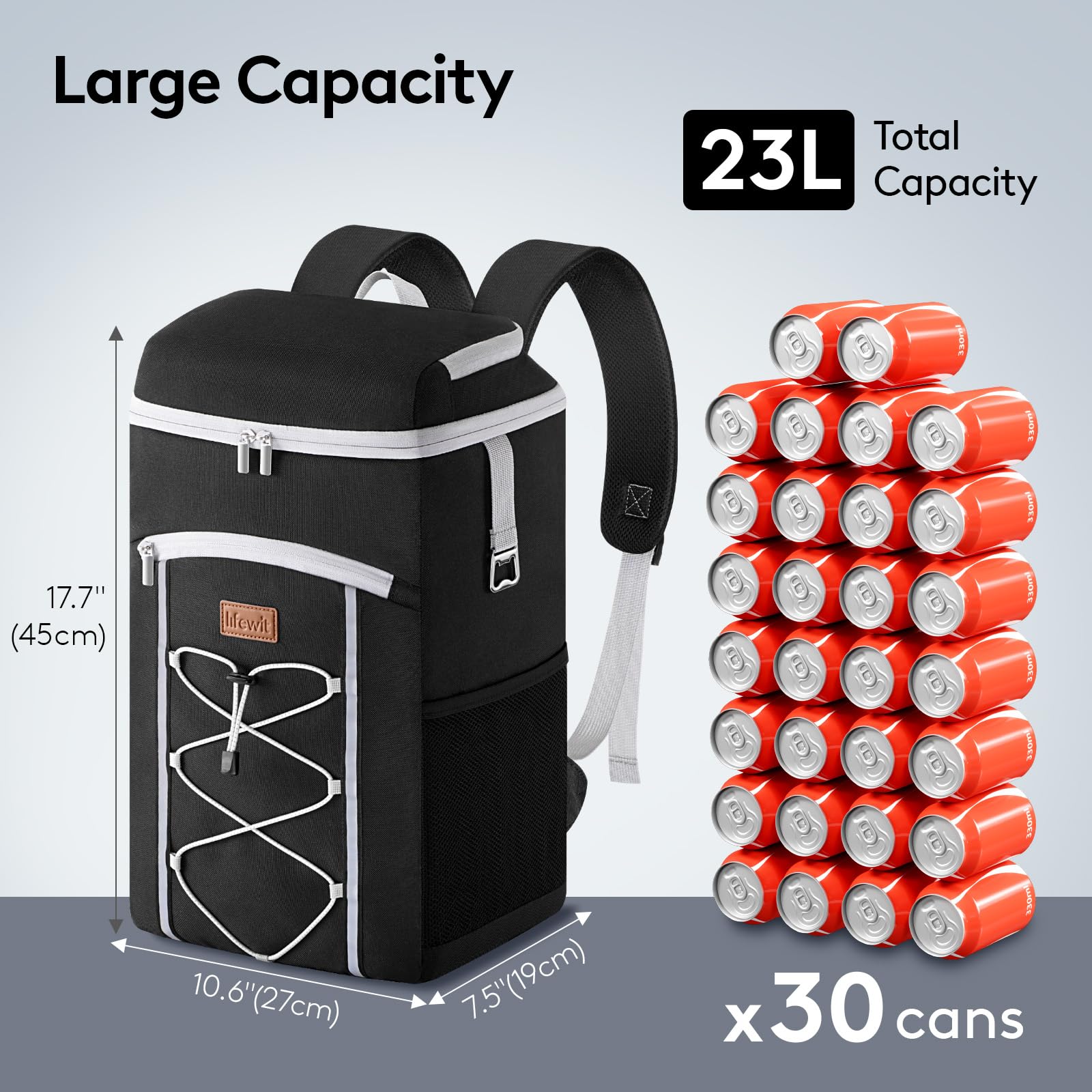 Lifewit Mochila Nevera 23L, Bolsa Termica Portatil, Impermeables Mochilas Termica Porta Alimentos pour Playa, Picnic, Camping, Viaje, Trabajo, Senderismo, Negro