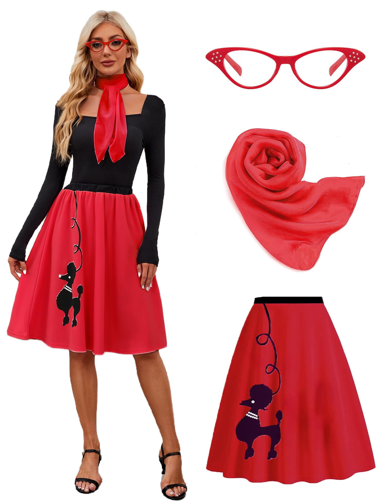 APRROOT Women's 50s Poodle Skirts Outfits 2025 Adult Halloween Costumes with Scarf Glasses Vintage Skirts 3 Pcs Set