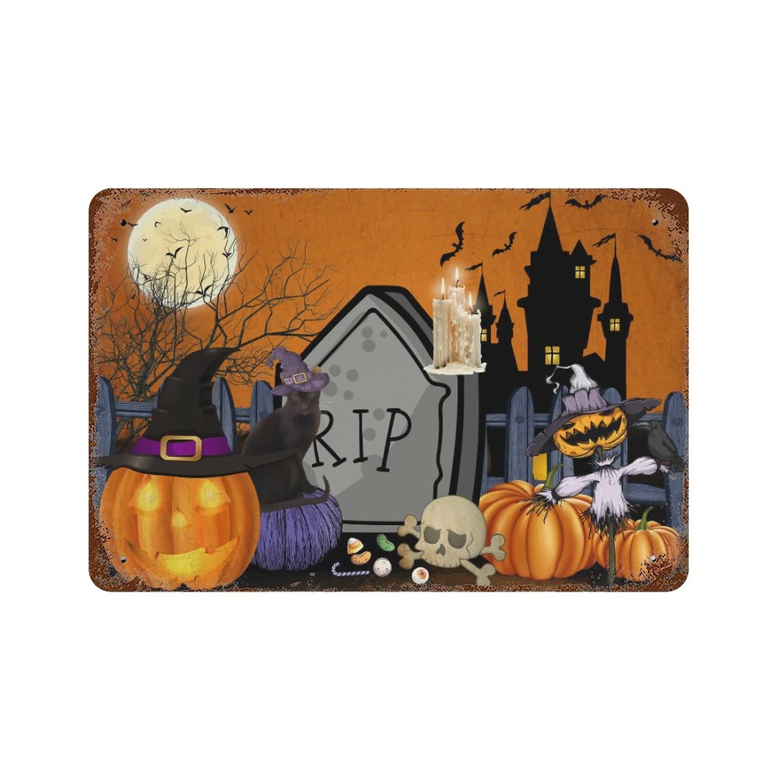 Plaque en étain décoration murale citrouille chat Happy Halloween pour maison et intérieur