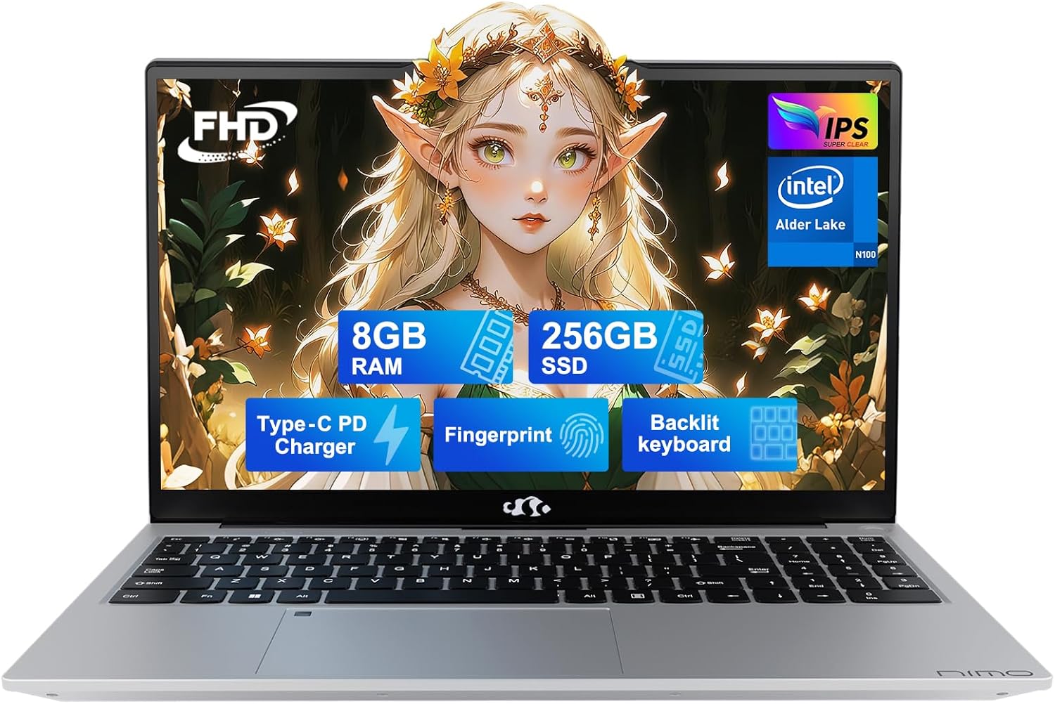 Computer Nimo 15.6 "IPS FHD-Laptop, Intel Pentium Quad Core N100 8GB RAM 256GB SSD (Beat i3-1115G4, fino a 3.4GHz) Computer con tastiera retroilluminata Fingerprint Type-C WiFi 6 BT5.2, per studenti e casa