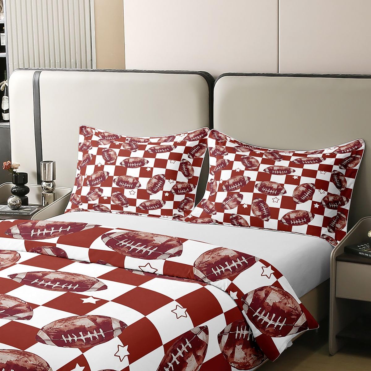 Homewish Rugby pojedyncza pościel retro piłka nożna szachownica bawełniana poszewka na kołdrę zestaw sportowa piłka gamingowa poszewka na kołdrę brązowy czerwony biały zestawy łóżek