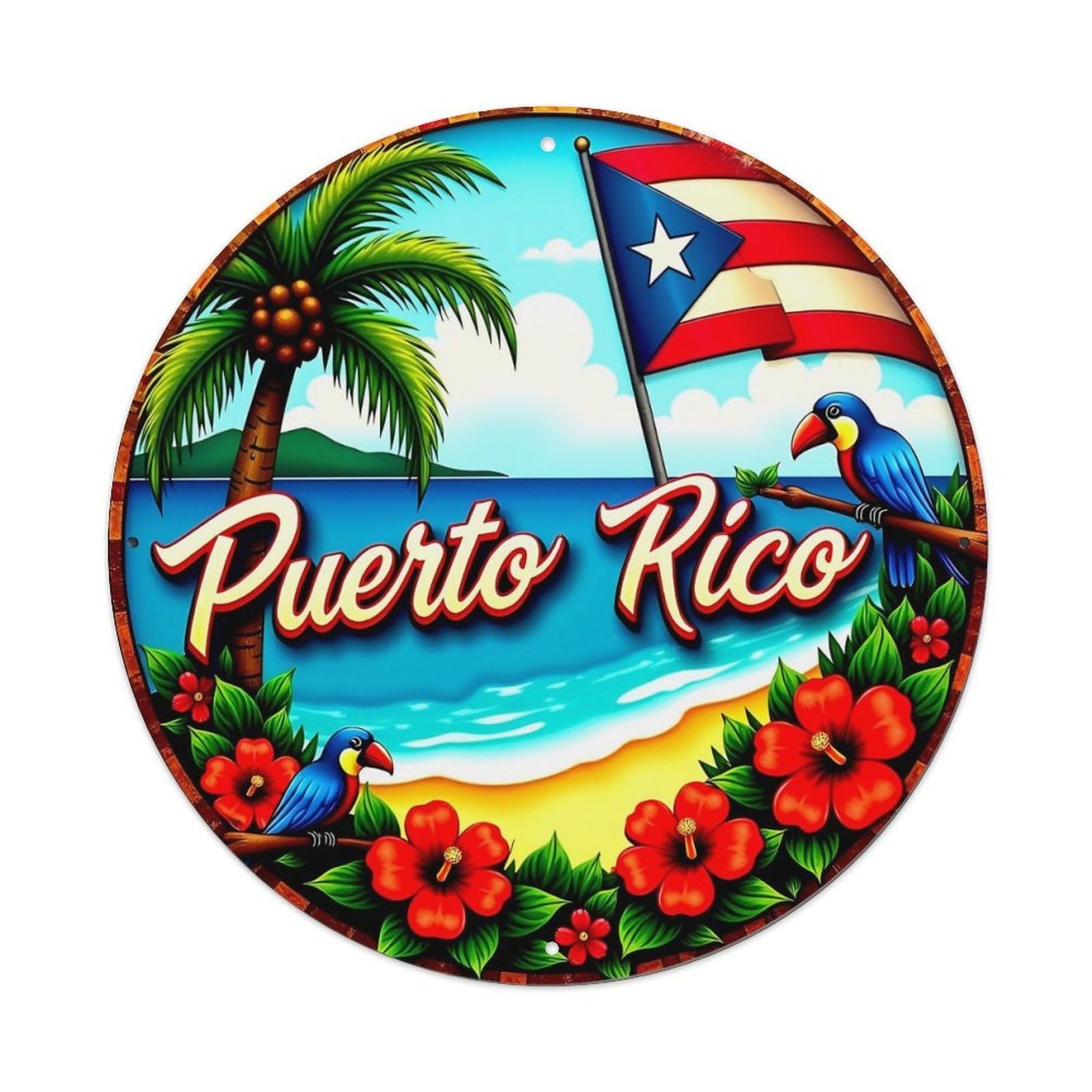 Puerto Rico Flag Palm Tree Toucan Vintage Round Tin Sign Retro Metal Wall Decor Metal Poster, Home Bar Garage Cafe Wall Art Decoration 8x8Inches