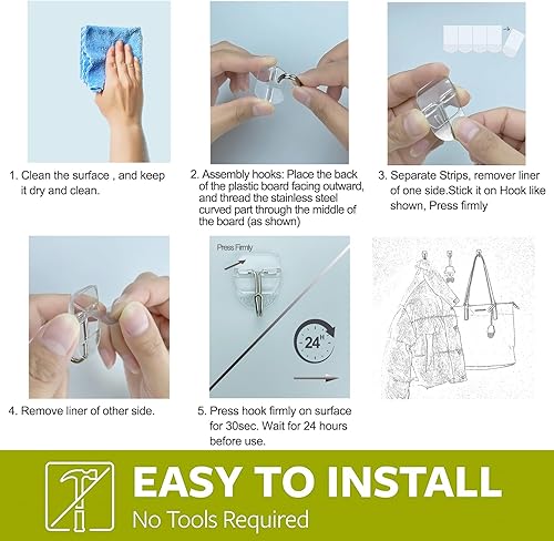 Miniatura 5 de 32 ganchos de pared pequeños transparentes con 40 tiras extraíbles, ganchos de palanca de alambre para paredes sin daños, ganchos de utilidad