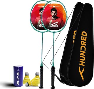 Hundred Powertek 200 Aluminium Badminton Racket Combo, 2 Strung Rackets with 2 Full Covers & 3 Aura Nylon Shuttlecocks, Lightweight Shuttle Bats for Match Play