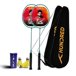 Hundred Powertek 200 Aluminium Badminton Racket Combo, 2 Strung Rackets with 2 Full Covers & 3 Aura Nylon Shuttlecocks, Lightweight Shuttle Bats for Match Play - Cyan
