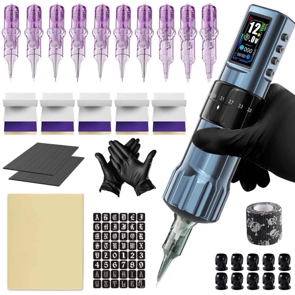 Kit penna rotativa per tatuaggio wireless - Set macchinetta per tatuaggio con corsa regolabile da 2,0-4,2 mm con schermo LCD TFT, alimentatore 1600 mAh,Nero,A