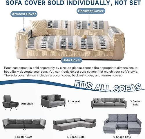 Miniatura 5 de VClife Funda de sofá bohemia de lino y algodón con borla, funda para sofá de 3 plazas, funda antideslizante para sofá para sala de estar, 35.4 x