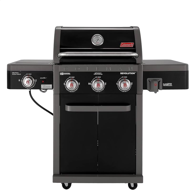 Coleman Revolution Parrilla de gas de 3 quemadores con quemador lateral, propano convertible a gas natural, 45 000 + 13 000 BTU, 650 pulgadas cuadradas, parrilla para barbacoa al aire libre | Parrilla a gas de 3 quemadores, quemador lateral, 650 pies cuadrados. En. Superficie de cocción, parrillas sin llamaradas, carro compacto de 4 ruedas, negro/gris