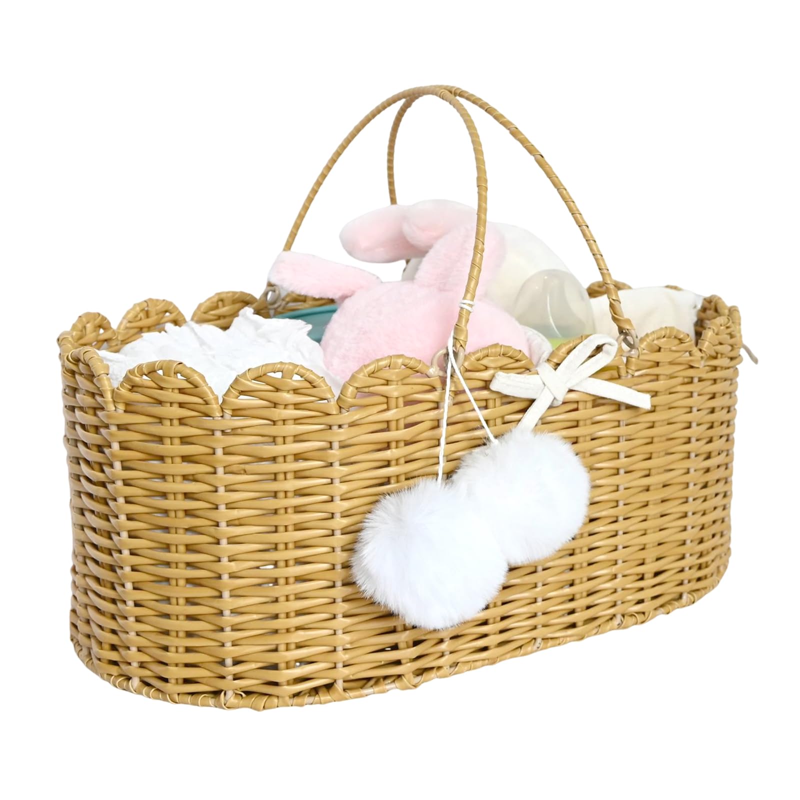 baby scalloped rattan basket handmade woven diaper caddy organizer cute nursery diaper moses changing shower basket for baby boy girl (brown)