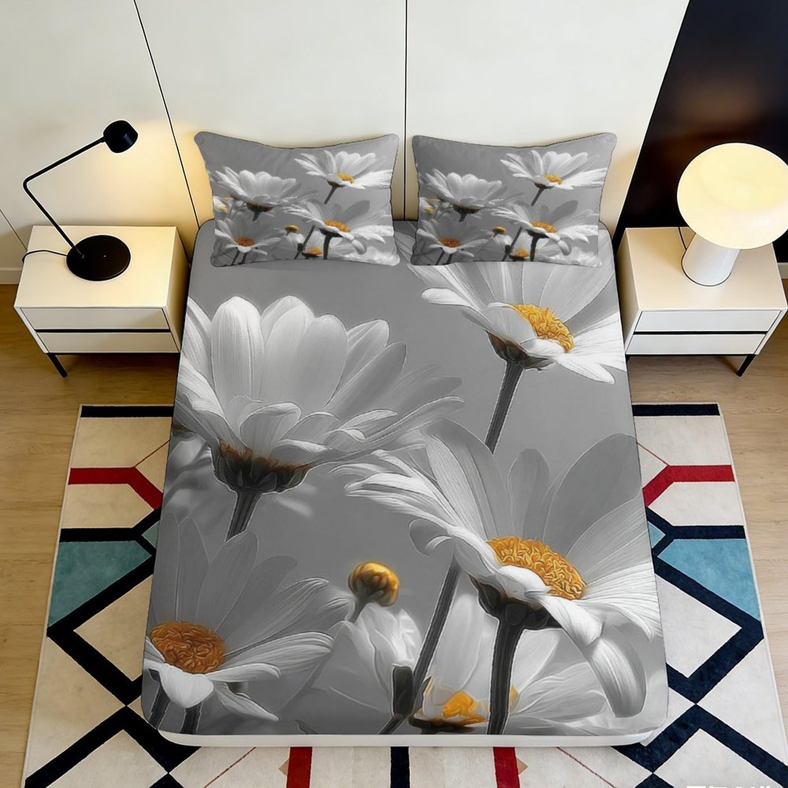 3D Printed Daisy Fitted Sheet Microfiber Soft Breathable Floral Bed Cover for Bedroom Dormitory Guest Room Mattress Protection Decor 160x200x25cm