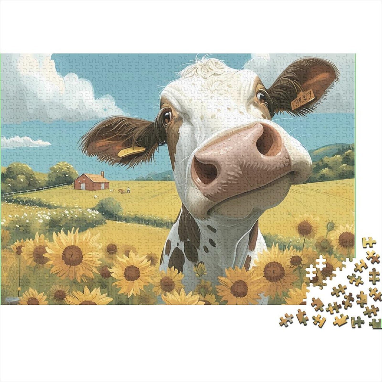 Cow in Field 1000 Pcs 3-Layer Cardboard Farm Animal Illustration Classic Puzzle Bundle, Ultra Difficult, Brain Training, Stress Relief & Family Collector Gift 38x26cm/1000pcs