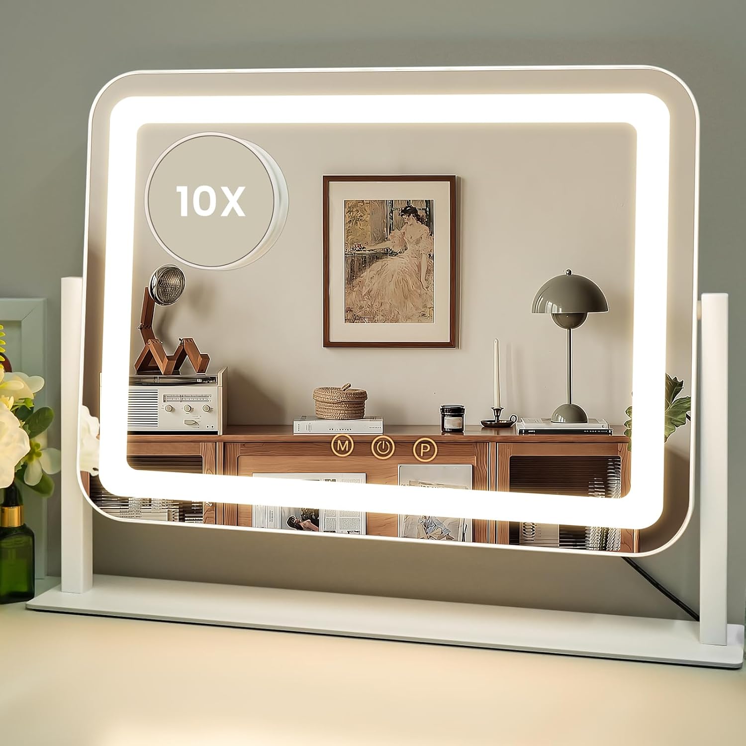 Vanity Mirror with Lights, 17.32" L x 14.17" W LED Makeup Mirror, Hollywood Mirror with 3 Color Modes & Adjustable Brightness, Detachable 10x Zoom Mirror, 360 Degree Rotation (White)