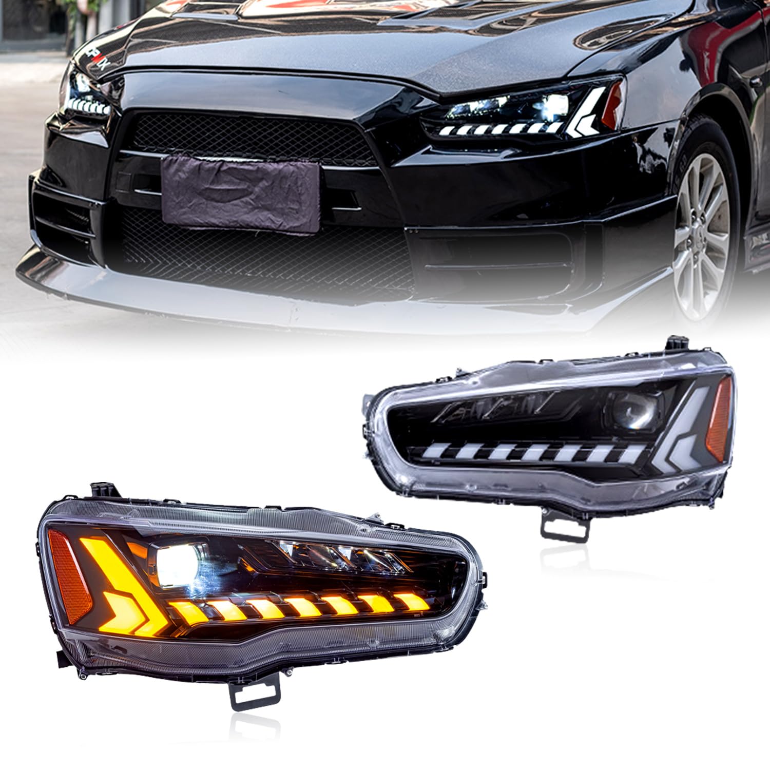 HCMOTIONZ LED Headlights Assembly Fit for Mitsubishi Lancer & EVO X 2008-2020 Head Lamps With LED DRL Start UP Animation LED Sequential Turn Signal light