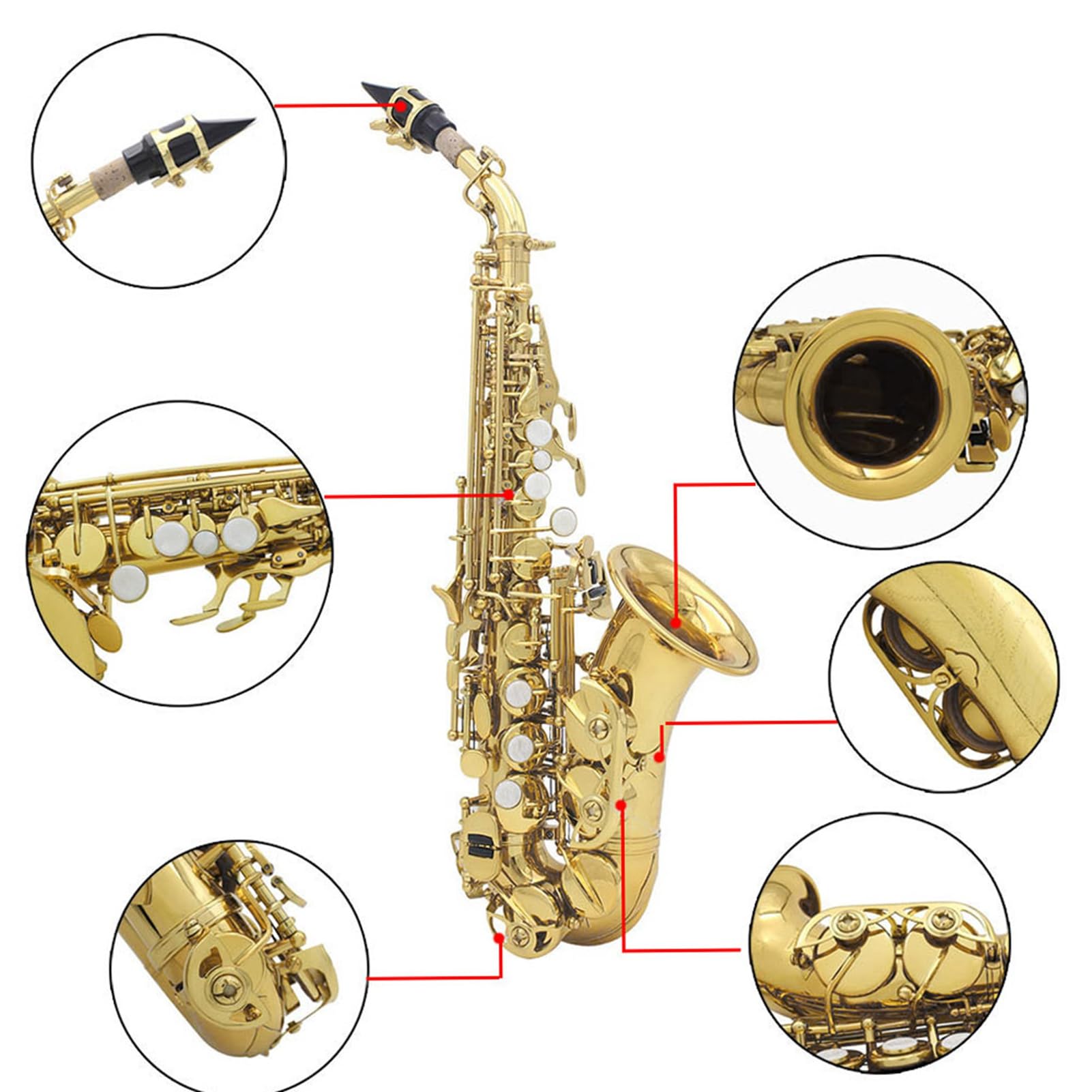 Laiton Sax,HUIOP Laiton Doré Carve Motif Sib Bend Althorn Soprano Saxophone Saxophone Perle Blanc Shell Boutons Instrument à Vent avec étui Gants Chiffon de Nettoyage Ceinture,instrument à vent