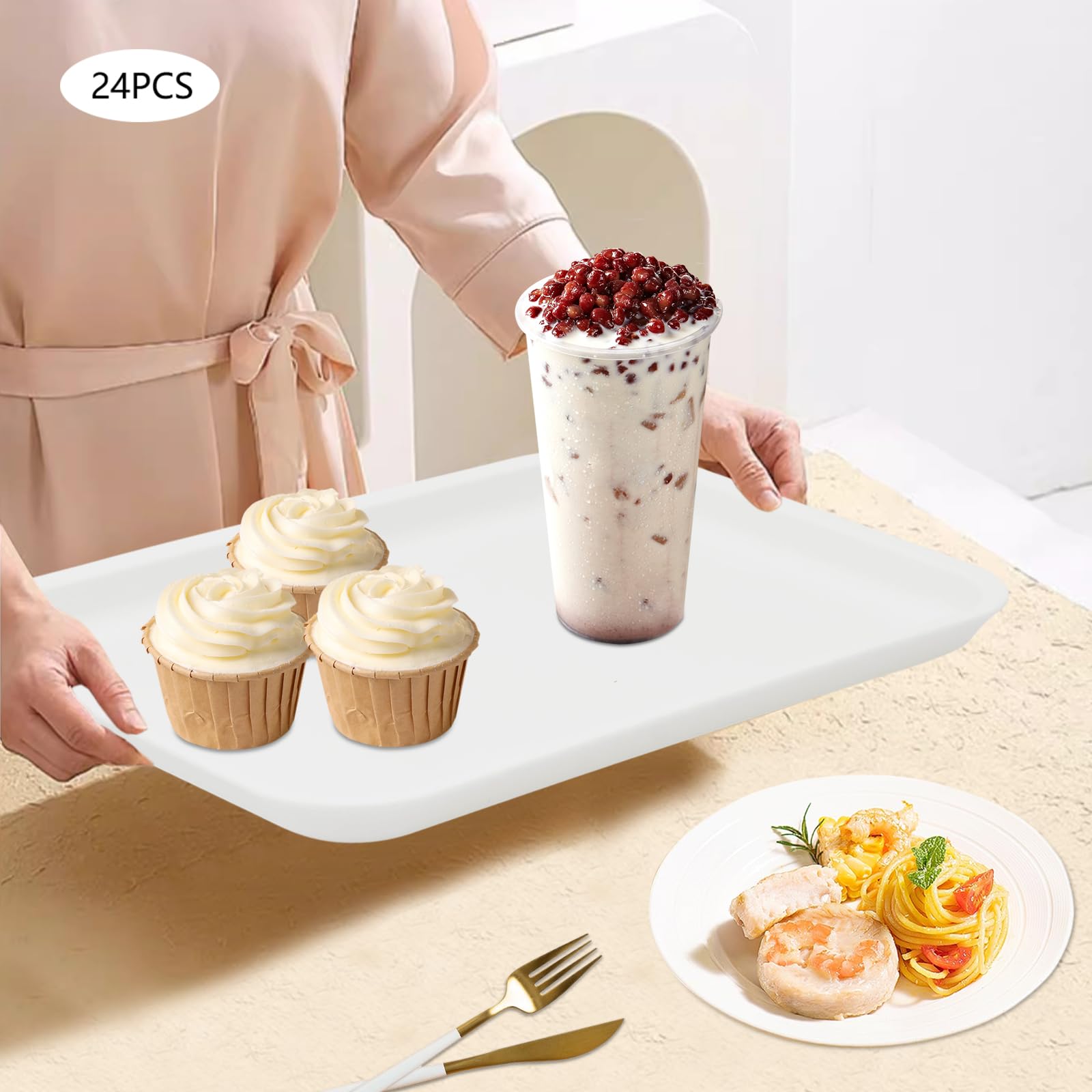 Serviertabletts 24 Stück, Stapelbare Tabletts für Restaurant, Café & Fast Food, spülmaschinenfest & mikrowellengeeignet, PP-Material, Weiß, Rechteckig, 36x27cm