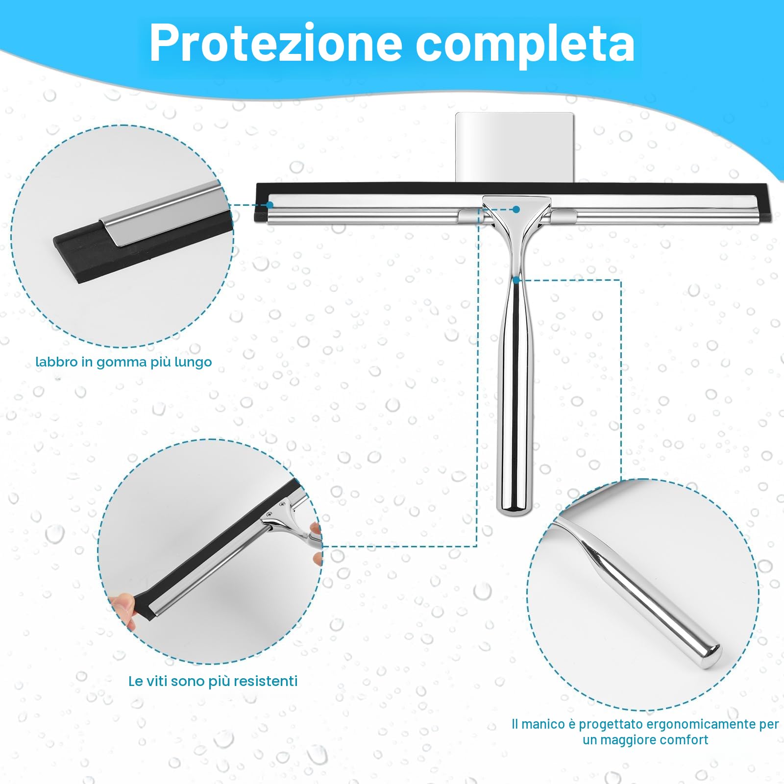 25CM Tergivetro Per Doccia, Tira Acqua Da Doccia In Acciaio Inox, Tiraacqua Vetri Doccia Con 1 Gancio E 2 Lama In Silicone, Senza Bisogno Di Forare, Può Pulire Bagno, Finestre E Specchi