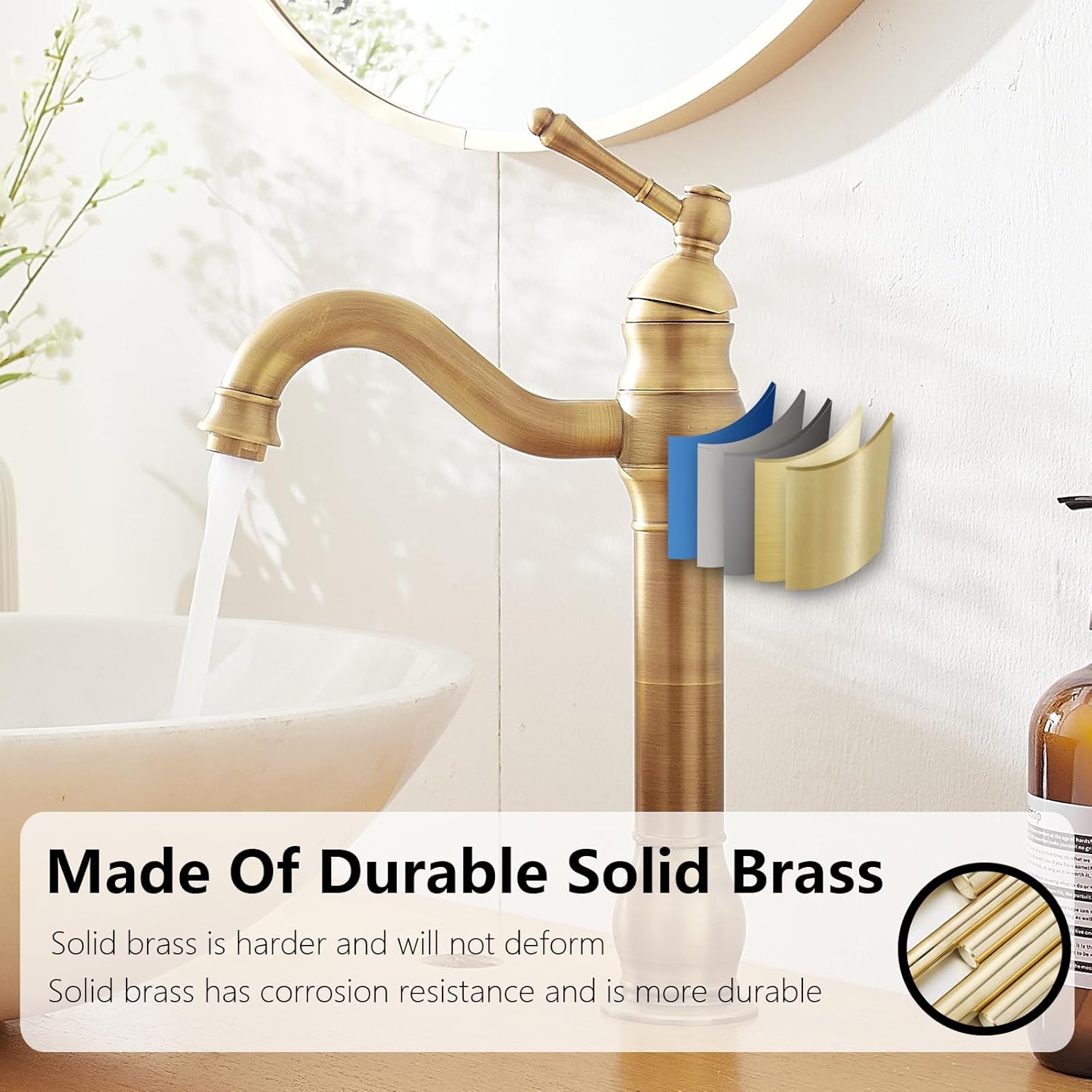 Antique Brass Vessel Sink Faucet 360° Swivel for Bathroom Bowl Sink Single Hole Farmhouse Tall Commercial Vanity with Pop Up Drain Without Overflow Combo