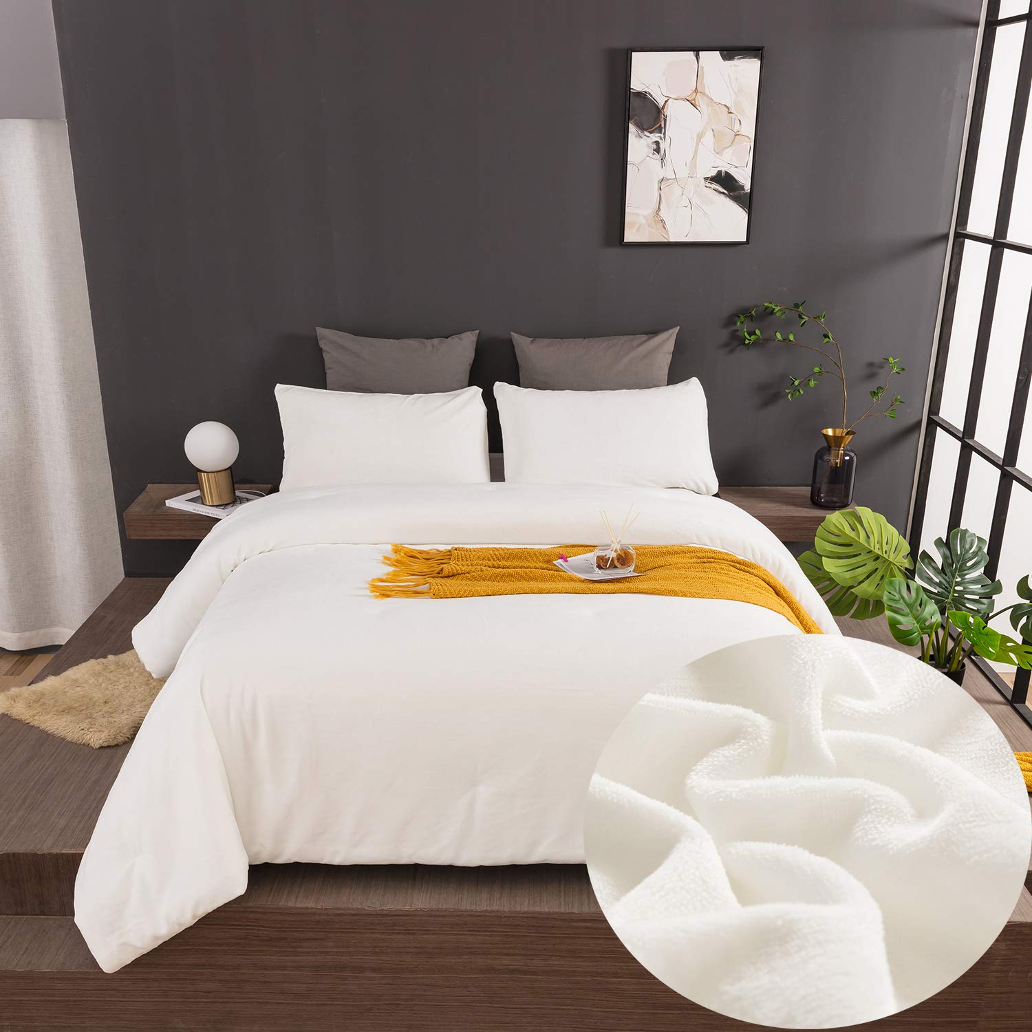 CLOTHKNOW White Fluffy Comforter Set Queen White Velvet Bedding