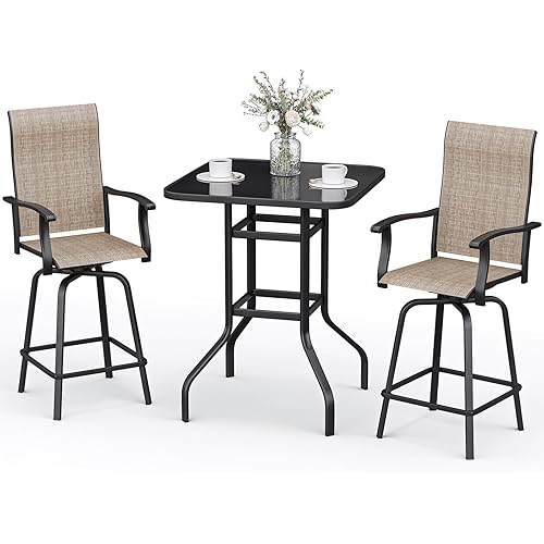 3-Piece Patio Bar Set with Textilene Swivel Bar Stools, All-Weather Bar Height Tempered Glass Table and Chairs for Lawn, Garden, Balcony, Deck, Backyard, Rustproof Frame