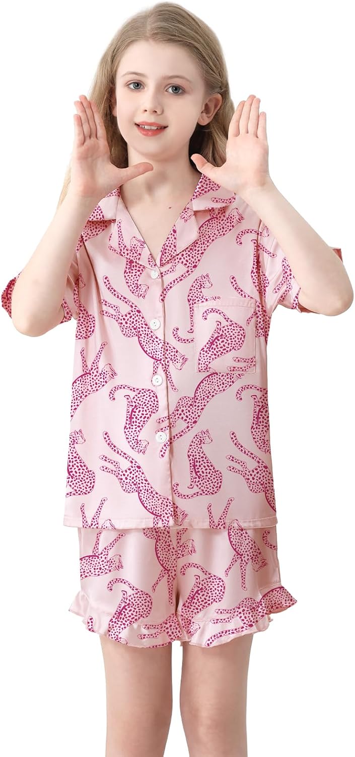 QZH.DUAO Girls Satin Pajamas Set Button Down Silk 2 Piece Pj Sets Ruffle Short Sleeve Sleepwear - Image 2
