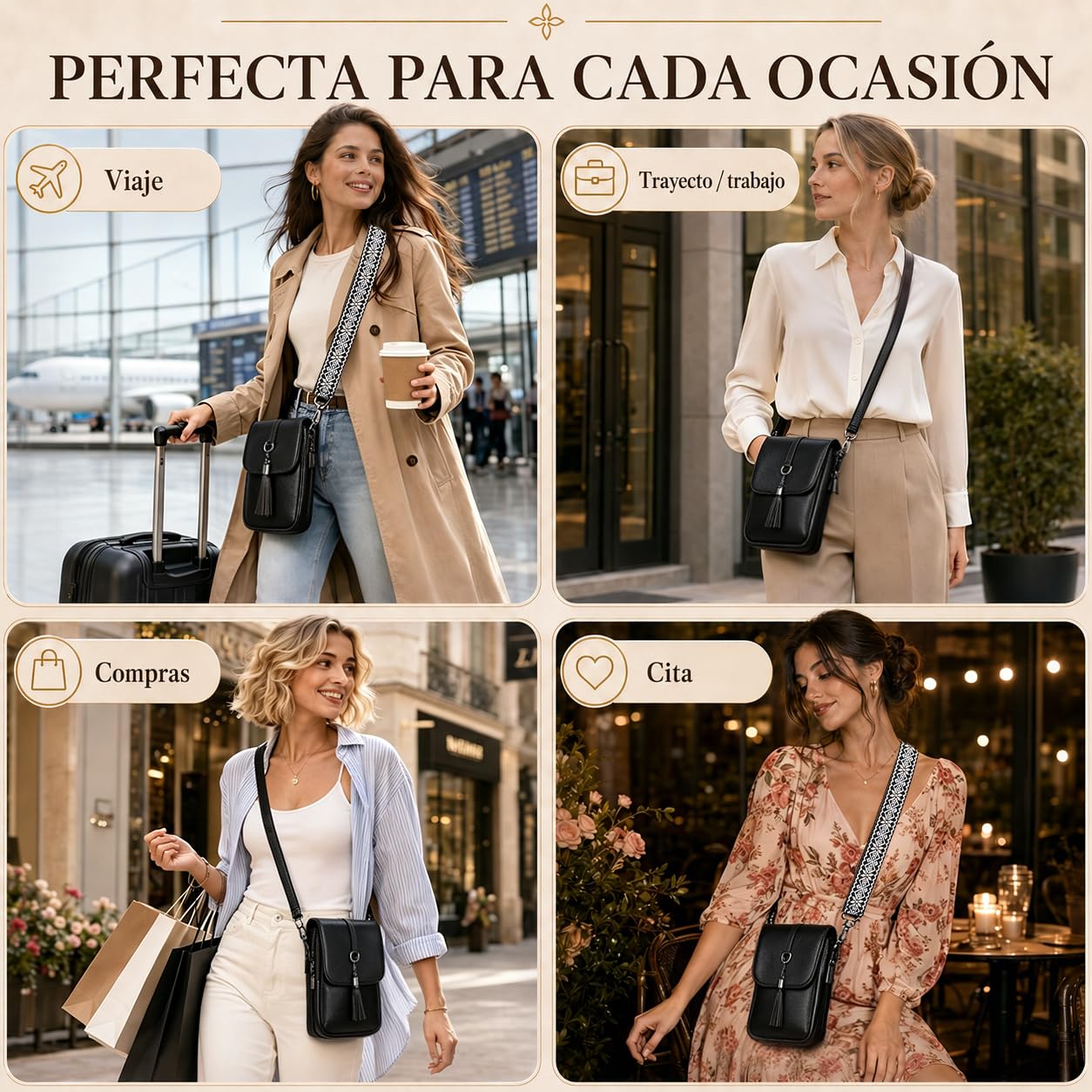 Bolso Movil Mujer de Piel Auténtica, Bolsitos para Moviles, Bolso Bandolera Pequeño Mujer Antirrobo con Cremallera Antirrobo y Bloqueo RFID para Viaje, Compras, Colegio, Trabajo y Uso Diario