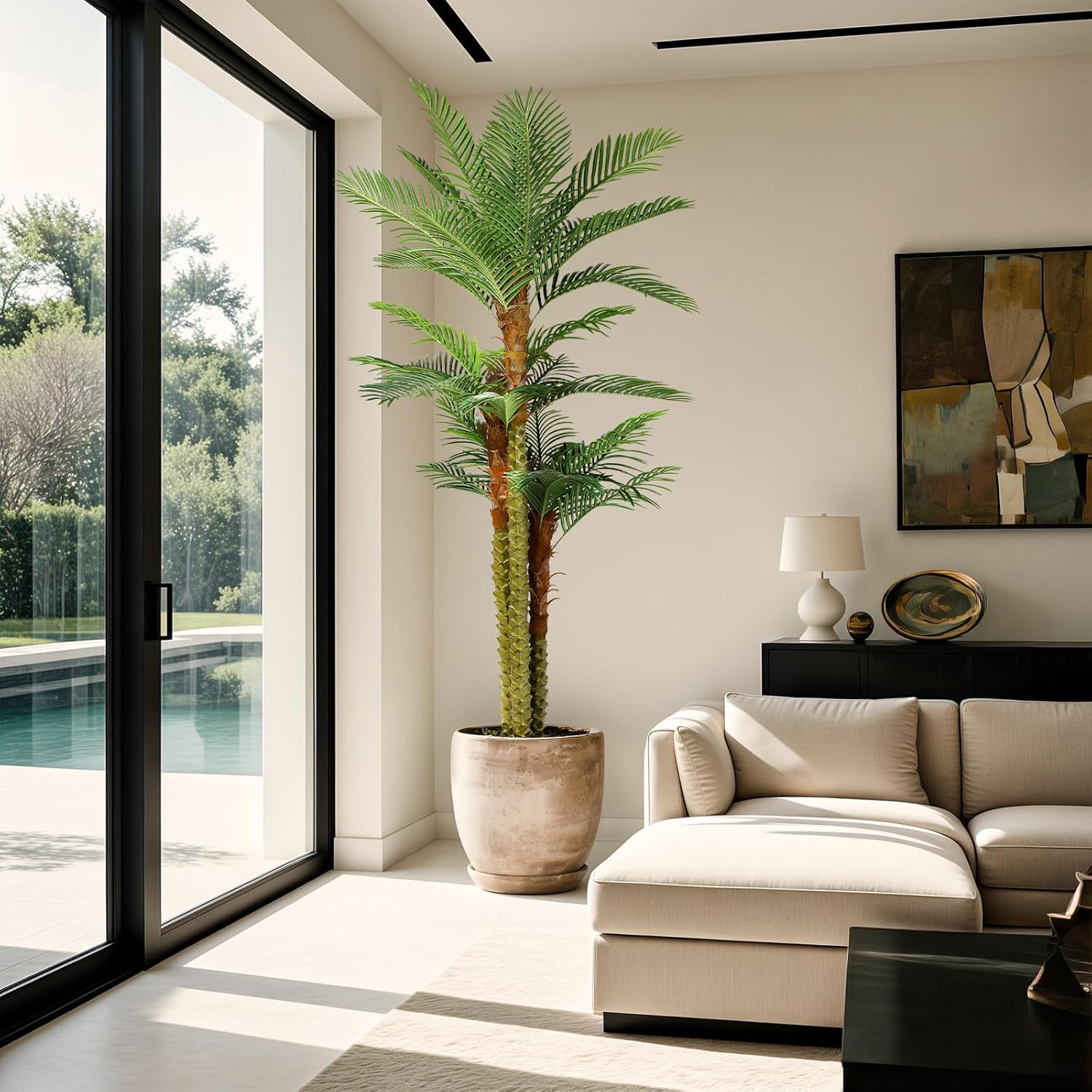 Fake Palm Tree, 8ft 3-Trunks Artificial Palm Tree Tall Tropical Tree with Adjustable Leaves & Planter, Outdoor Indoor Faux Trees for Living Room/Patio/Poolside/Yard Decor