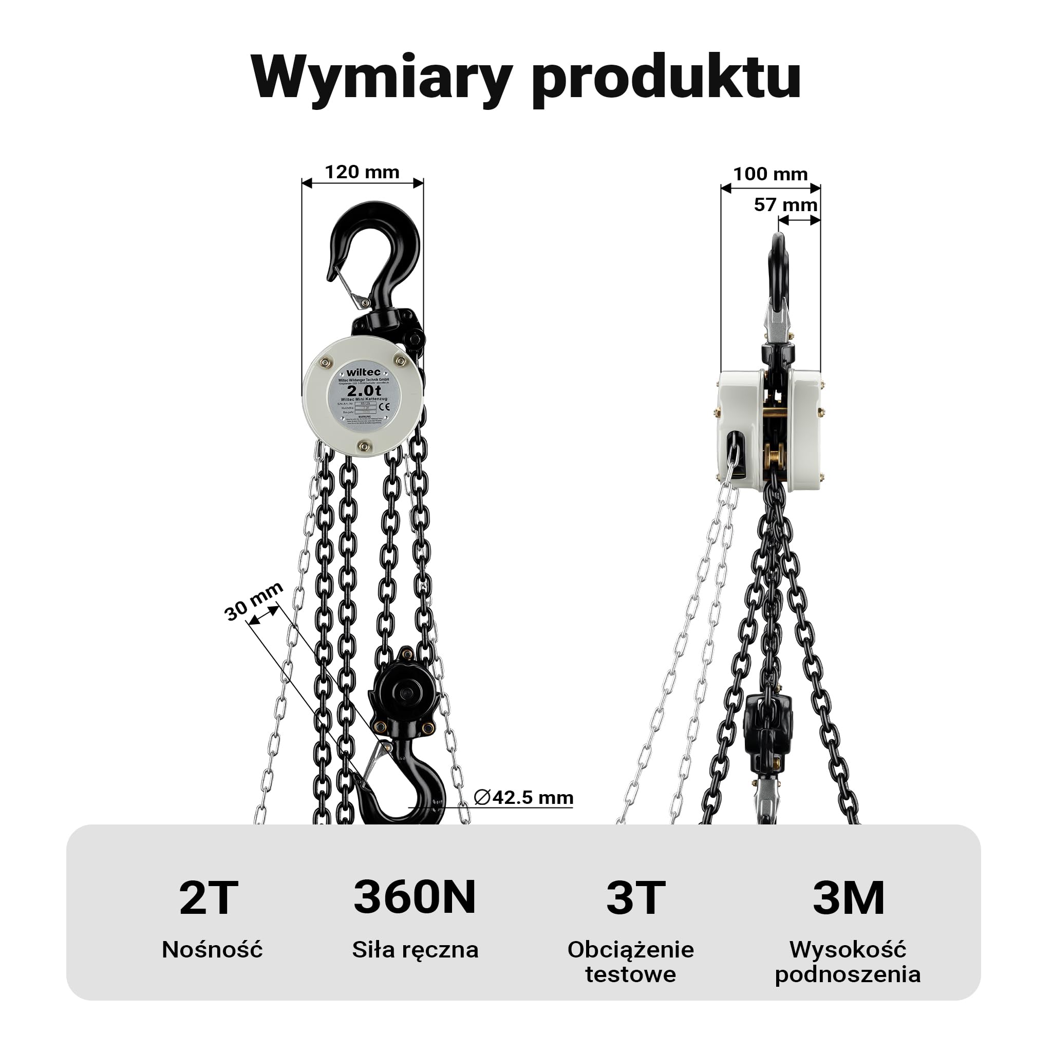 Wiltec Mini wciągnik łańcuchowy o nośności do 2 t i łańcuchem G80 o długości 3 m, z obrotowymi hakami i lekkiej konstrukcji