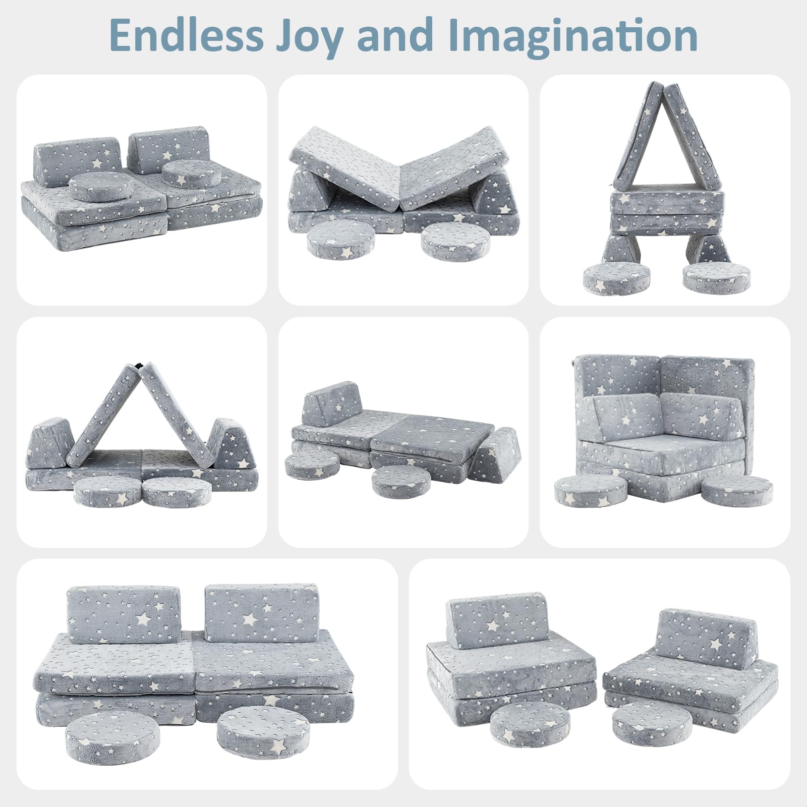 INFANS Modular Kids Play Couch, 6 PCS Toddler Creative Sectional Fort Building Sofa for Playroom, Bedroom, Children Convertible Soft Foam Furniture Playset Floor Cushion Boys Girls (Grey-Fluorescent)