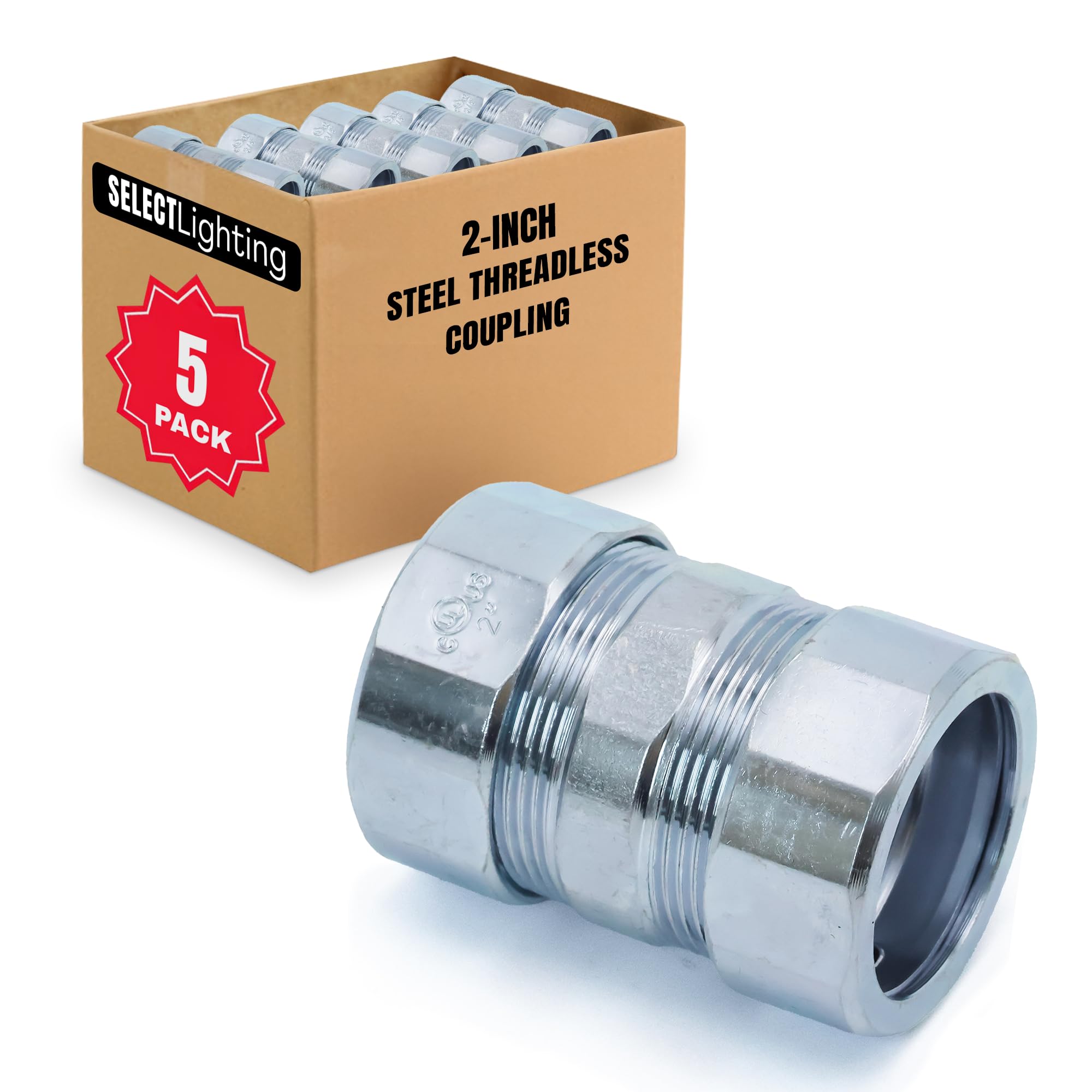 SELECT 5 Pack Lighting Threadless Coupling, 2 Inch Zinc Plated Steel Coupling, Electrical Conduit Fittings for Indoor and Outdoor Use