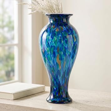 20" Tall Teal Blue Glass Vase Hand Blown Large Floor Glass Vase Home Decor, Pretty Modern Teal Blue Flowers Vases, Jarrones Grandes para Sala Elegantes, Large Vases for Living Room Wedding Decor