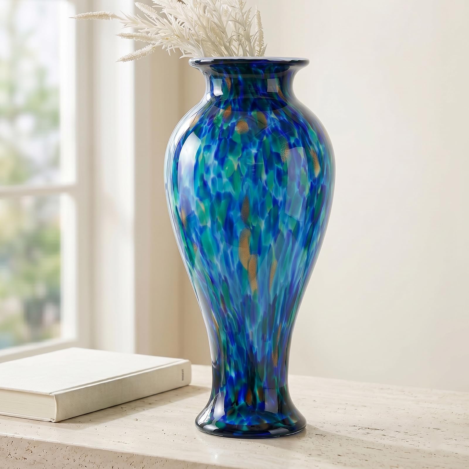 Jarrón de Vidrio Verde de 50 cm de Altura Soplado a Mano Jarrón Grande de Piso de Vidrio para Decoración del Hogar, Murano Moderno Jarrones de Flores Verdes Oscuros, Jarrones Grandes Elegantes para