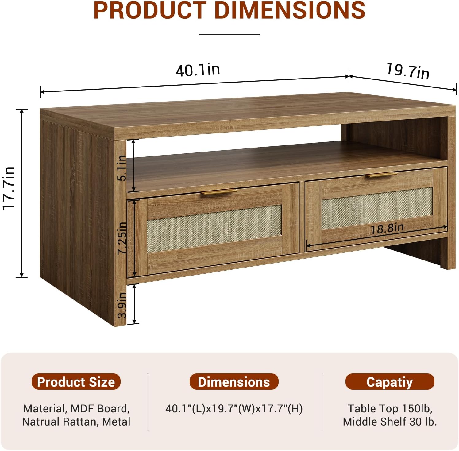 GarveeHome Rattan Coffee Table for Living Room, Boho Coffe Tables with 2 Drawers, Modern Coffee Table with Storage Place, Wooden Coffee Table for Home, Oak