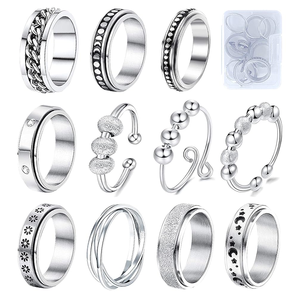 MUCAL Fidget Rings for Anxiety 8pcs Stainless Steel Spinner Ring Anti Anxiety Ring Spinning Moon Star Cool Stress Relieveing Rings for Women Men