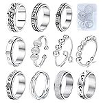MUCAL Fidget Rings for Anxiety 8pcs Stainless Steel Spinner Ring Anti Anxiety Ring Spinning Moon Star Cool Stress Relieveing Rings for Women Men