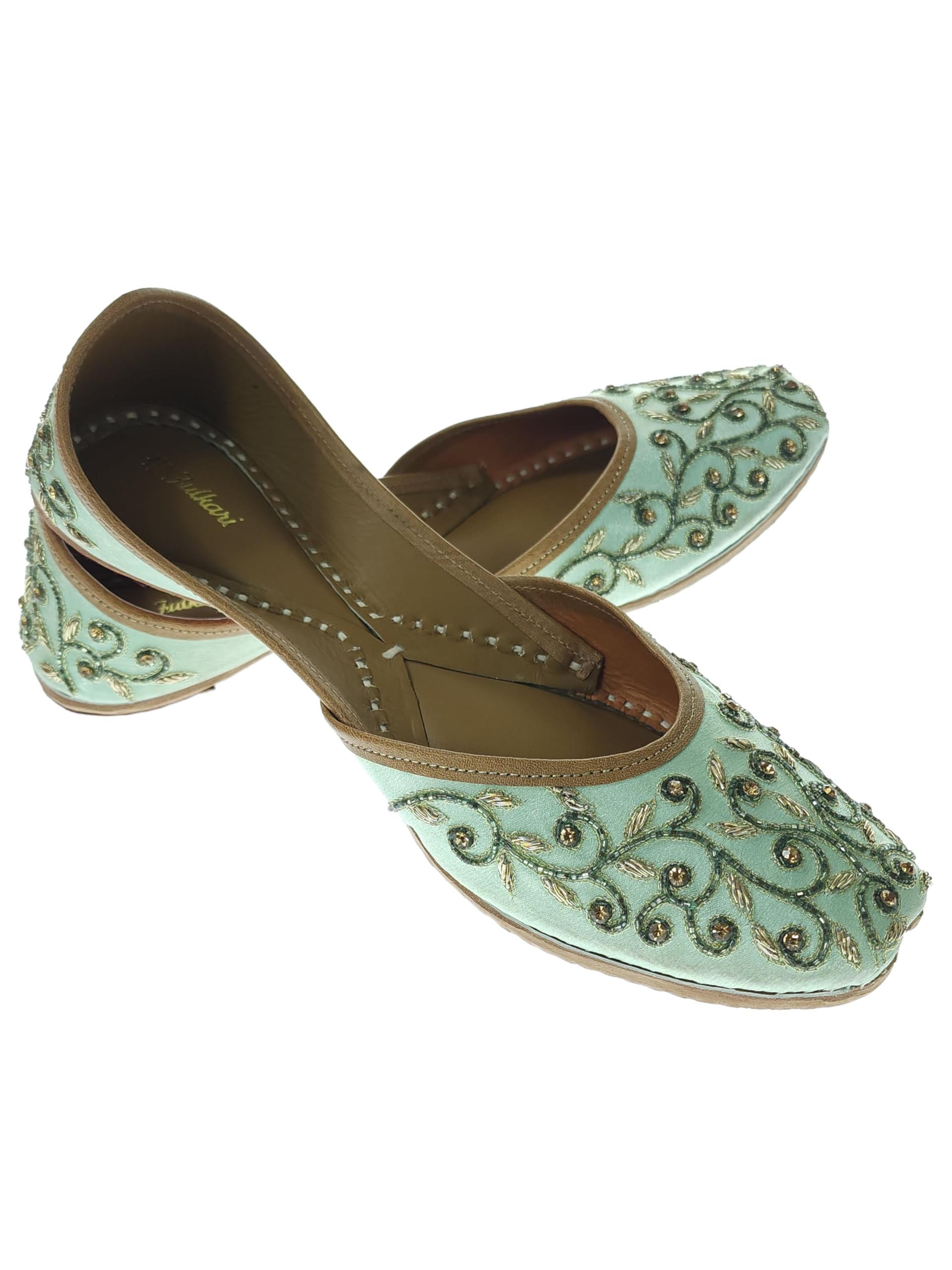 Women Stevia Pista Gold Genuine Soft Leather Embroidered Jutis | Bite and Pinch Free Jutti | Punjabi Formal Juttis | Girl's Wedding Flat Ladies Mojari | Formal Ethnic Juti |-image-31