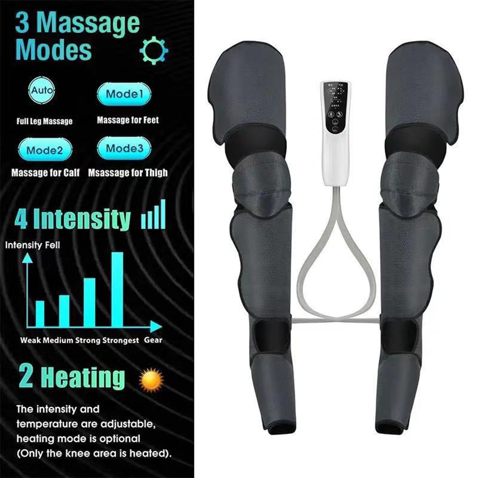 Masajeador de piernas para circulación de calor, masaje de compresión de pies de muslo de pantorrilla, diseño de envoltura ajustable, relaja los músculos del dolor de piernas