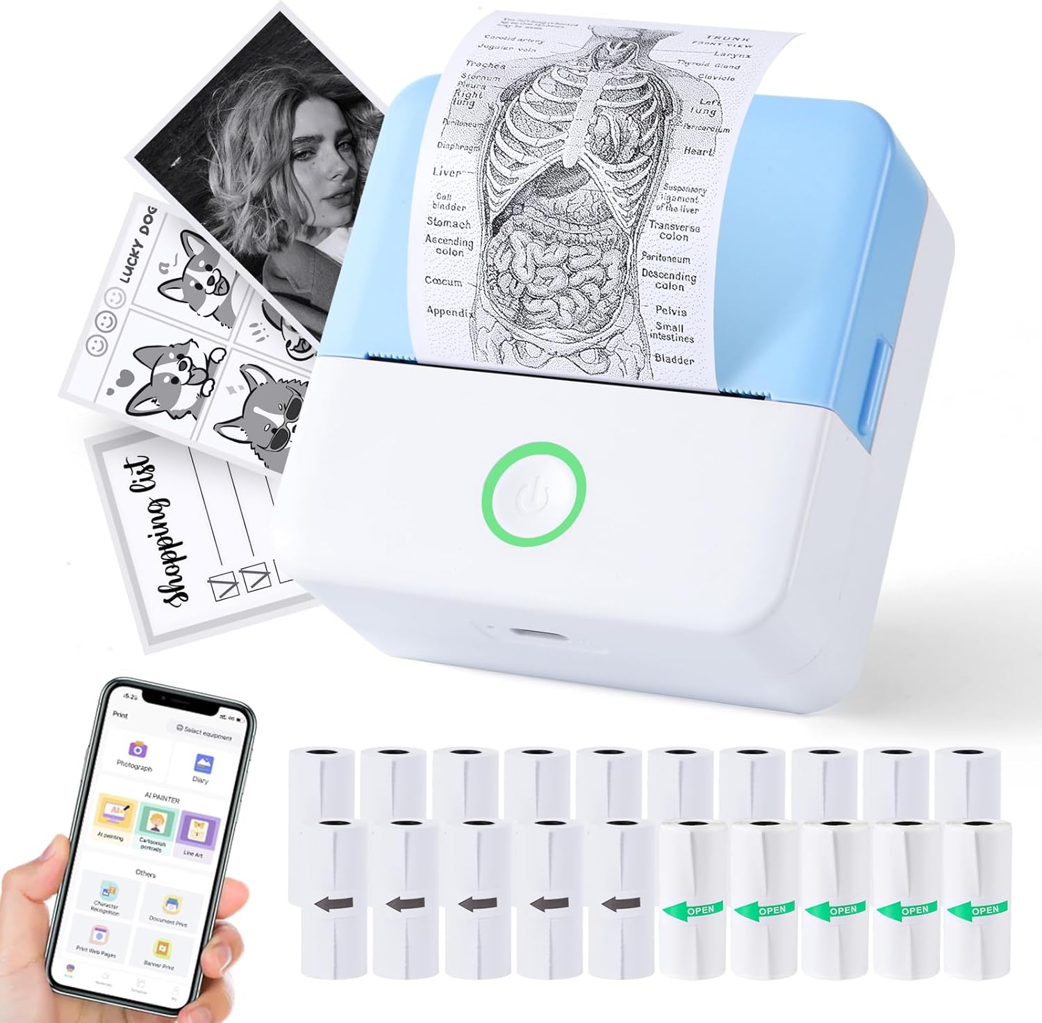 Print Pods Mini Printer, Thermal Inkless Sticker Maker with 20 Rolls Printing Paper, Pocket Printpod for phone, Impresora Portátil for Notes, Flashcards, Journal, DIY, Compatible with iOS & Android