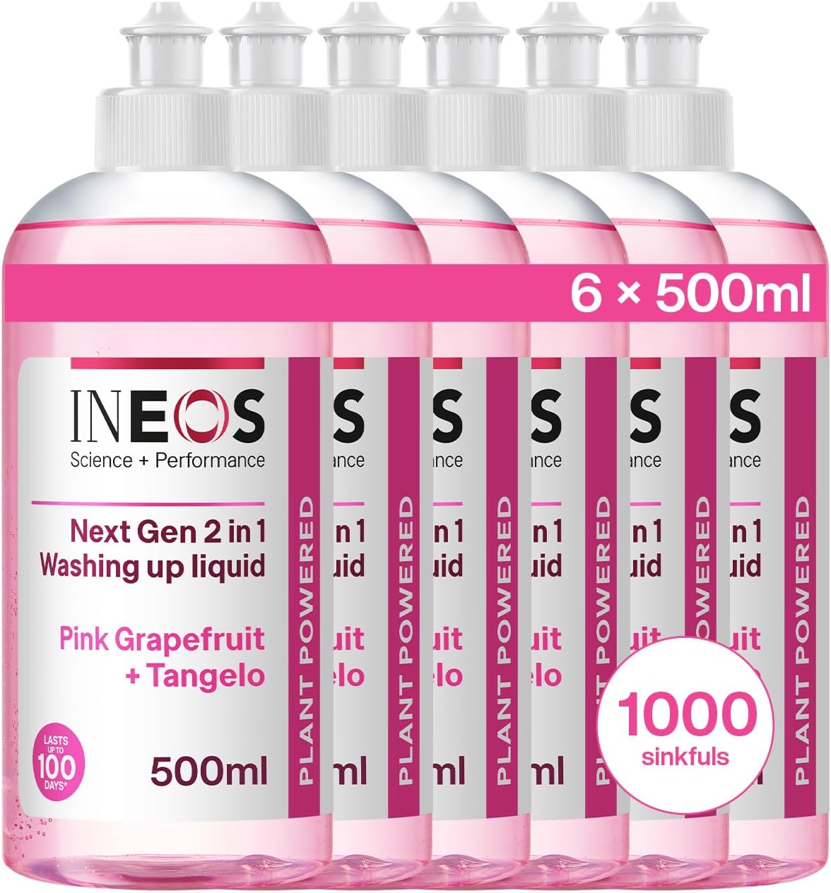 Next-Gen 2in1 Washing Up Liquid, 3L (500ml x 6), 1000 Sinkfuls, Dishwashing + Handwashing, Plant Powered, Pink Grapefruit + Tangelo