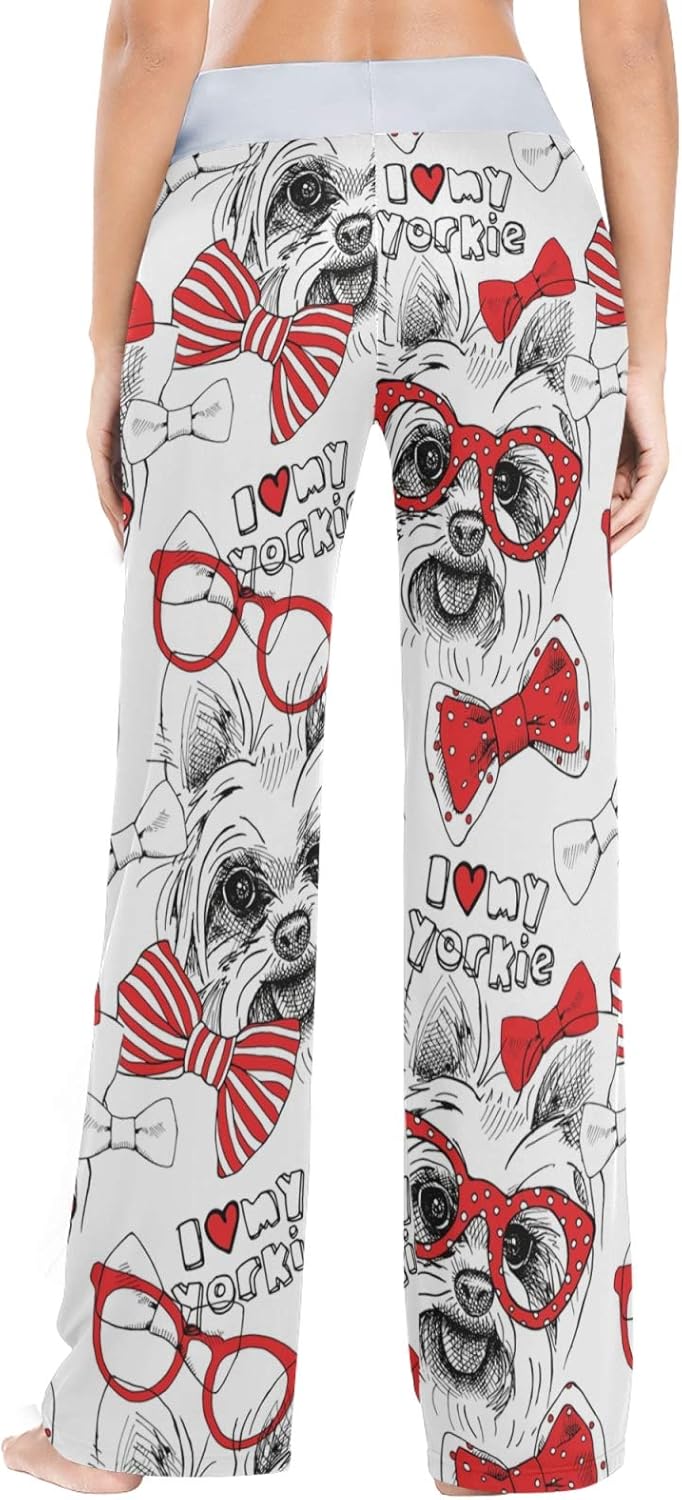 OTVEE Cute Yorkie Dogs with Sunglasses Pajama Pants for Women Casual Wide Leg Lounge Pajama Sleepwear